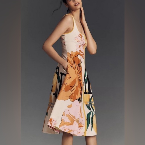 Anthropologie Maeve Lemon Floral Sleeveless Notched Square-Neck Midi Dress - Picture 11 of 15